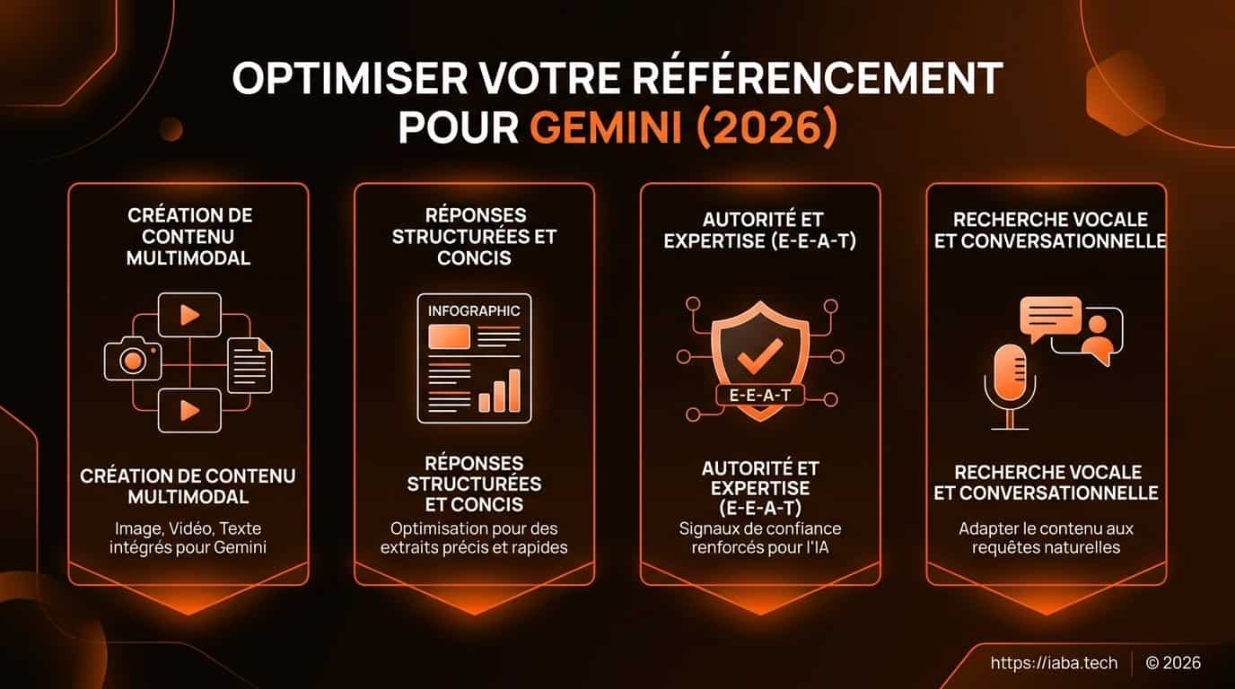 Référencement Gemini 2026 : Guide GEO pour être cité par l'IA 2 Infographie référencement Gemini : E-E-A-T et balisage sémantique en 5 étapes