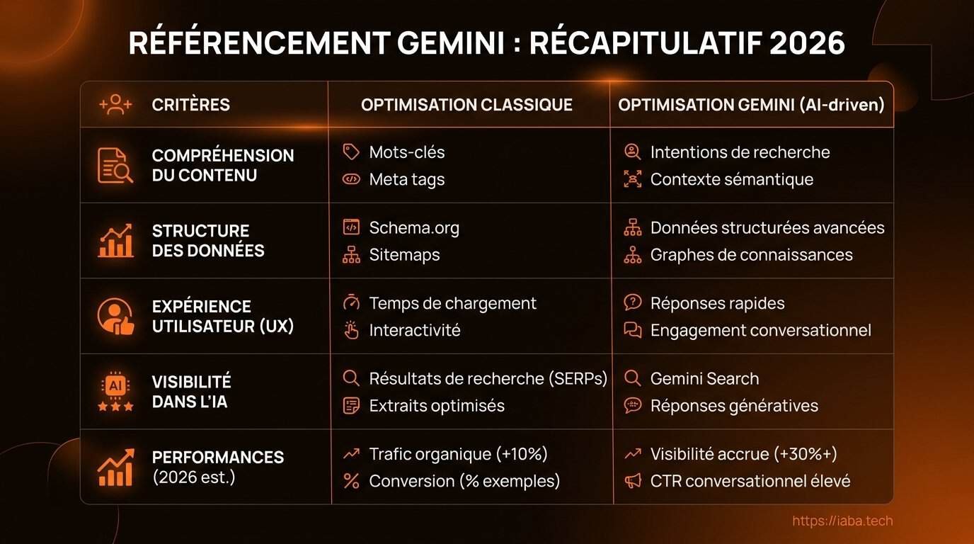 Référencement Gemini 2026 : Guide GEO pour être cité par l'IA 4 Tableau comparatif des critères de performance pour Gemini 2026