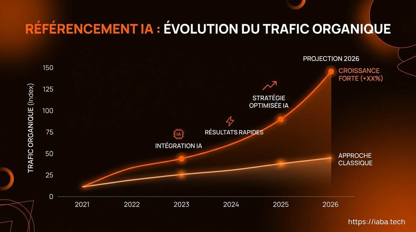 Graphique comparant la croissance du trafic IA et SEO en 2026