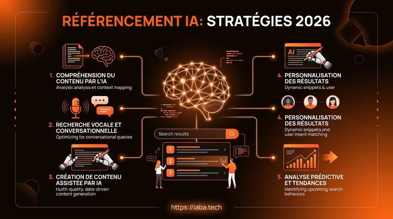 Infographie du processus de référencement IA en 2026 : SGE, LLM, autorité sémantique