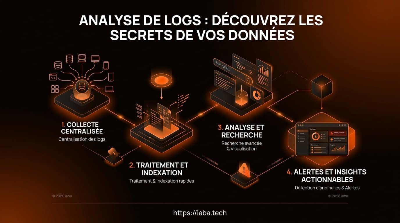 Analyse de Logs Serveur : Diagnostic SEO et Crawl Budget 2 Infographie du processus d'analyse de logs et de diagnostic SEO technique
