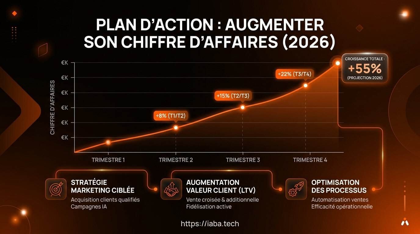 Graphique de comparaison de croissance du chiffre d'affaires sur 12 mois avec un plan d'action structuré
