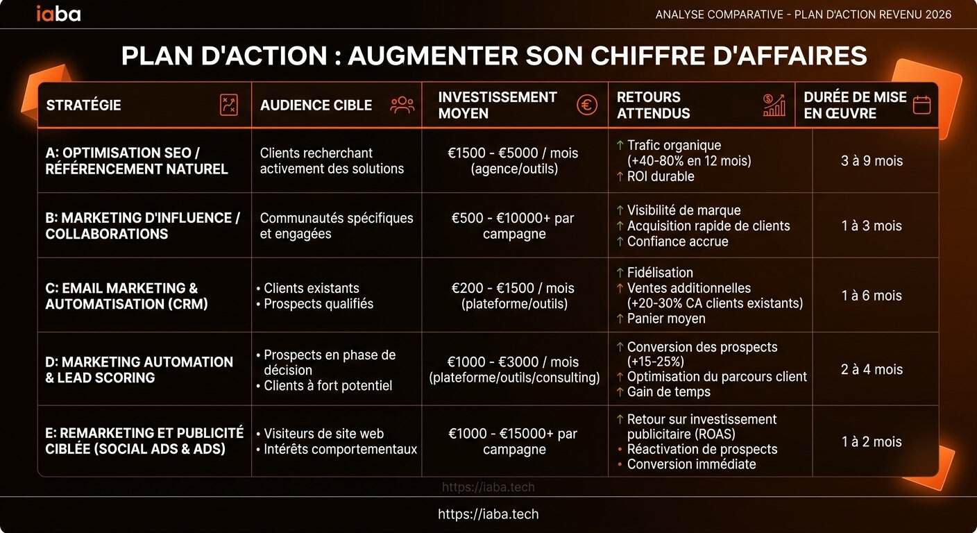 Tableau comparatif des leviers de croissance CA classés par ROI et délai d'impact