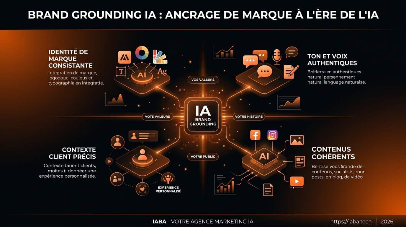 Schéma explicatif du processus de Brand Grounding IA 2026 de l'ingestion des données à l'alignement