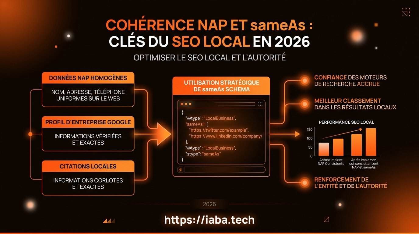 Graphique : Corrélation positive entre la cohérence des données NAP (Nom, Adresse, Téléphone) et l'indexation Schema sameAs sur le positionnement SEO local.