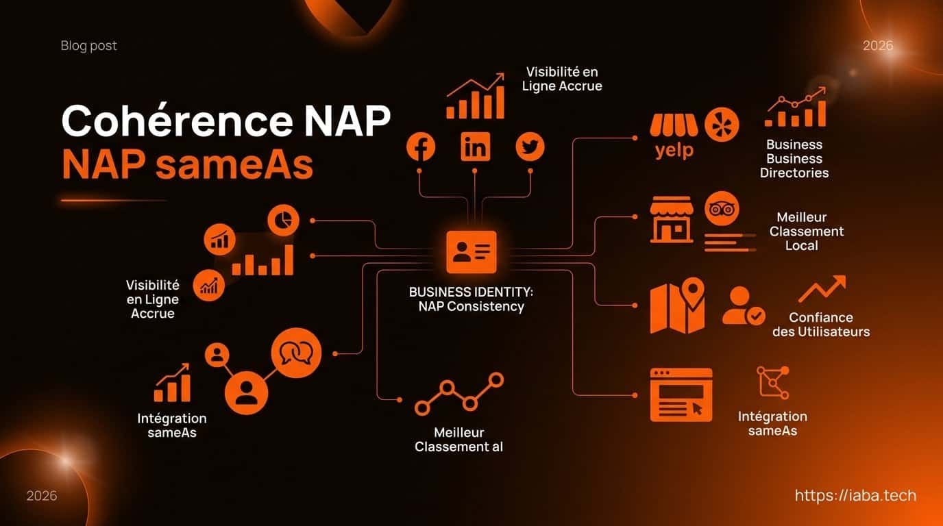 Infographie : Schéma explicatif illustrant la synergie entre la cohérence NAP et les balises sameAs pour le SEO local. Le visuel détaille le processus en 4 étapes clés : unification des données (Nom, Adresse, Téléphone), normalisation des profils, implémentation du schéma JSON-LD et validation des entités via le Web sémantique.