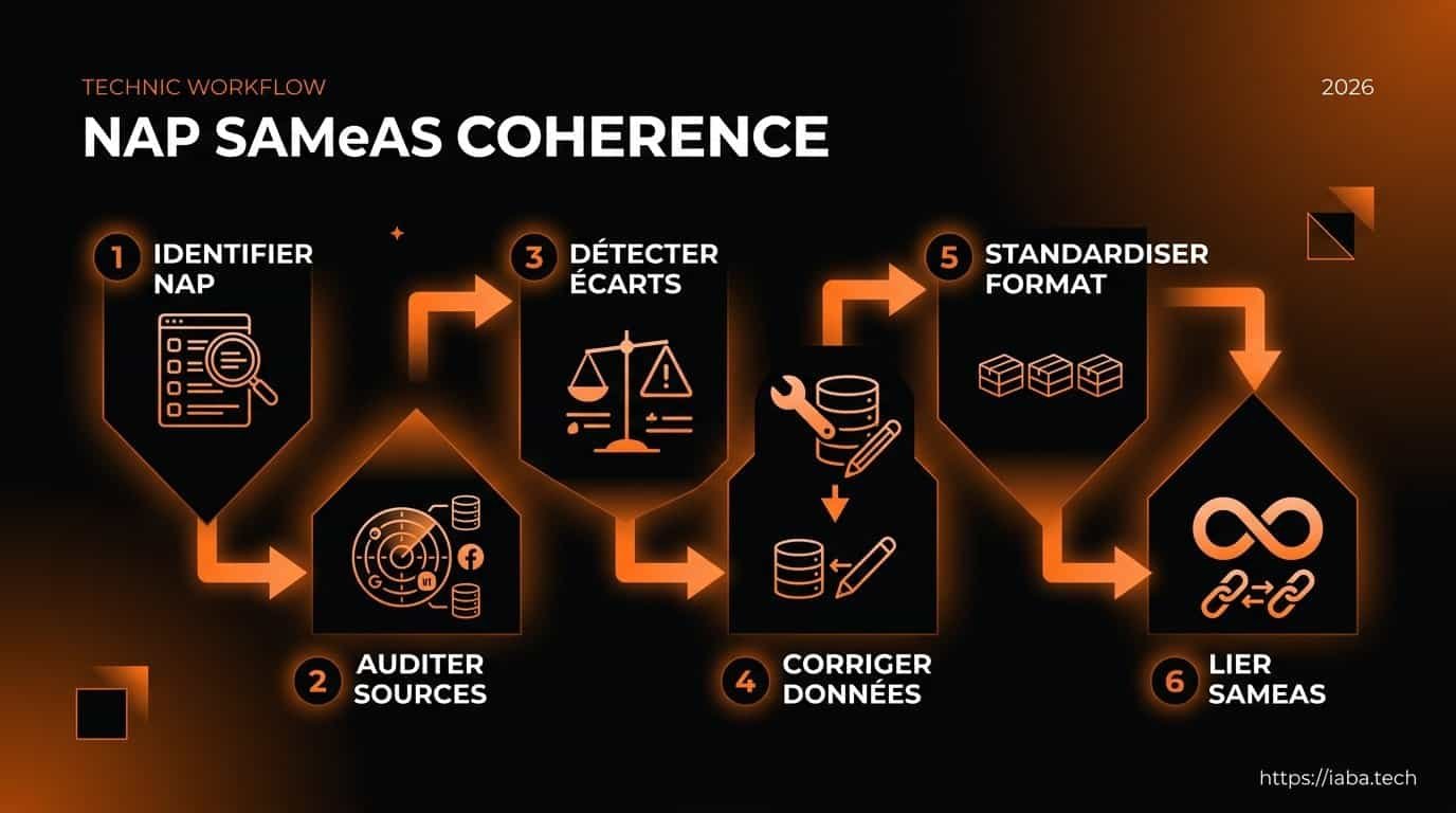 Schéma de processus : étapes de synchronisation de la cohérence NAP et implémentation du balisage sameAs pour le SEO local en 2026