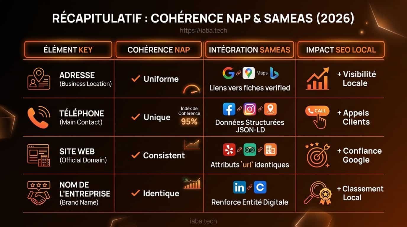 Tableau : Analyse comparative des attributs de données structurées NAP et balisage sameAs pour le SEO local 2026