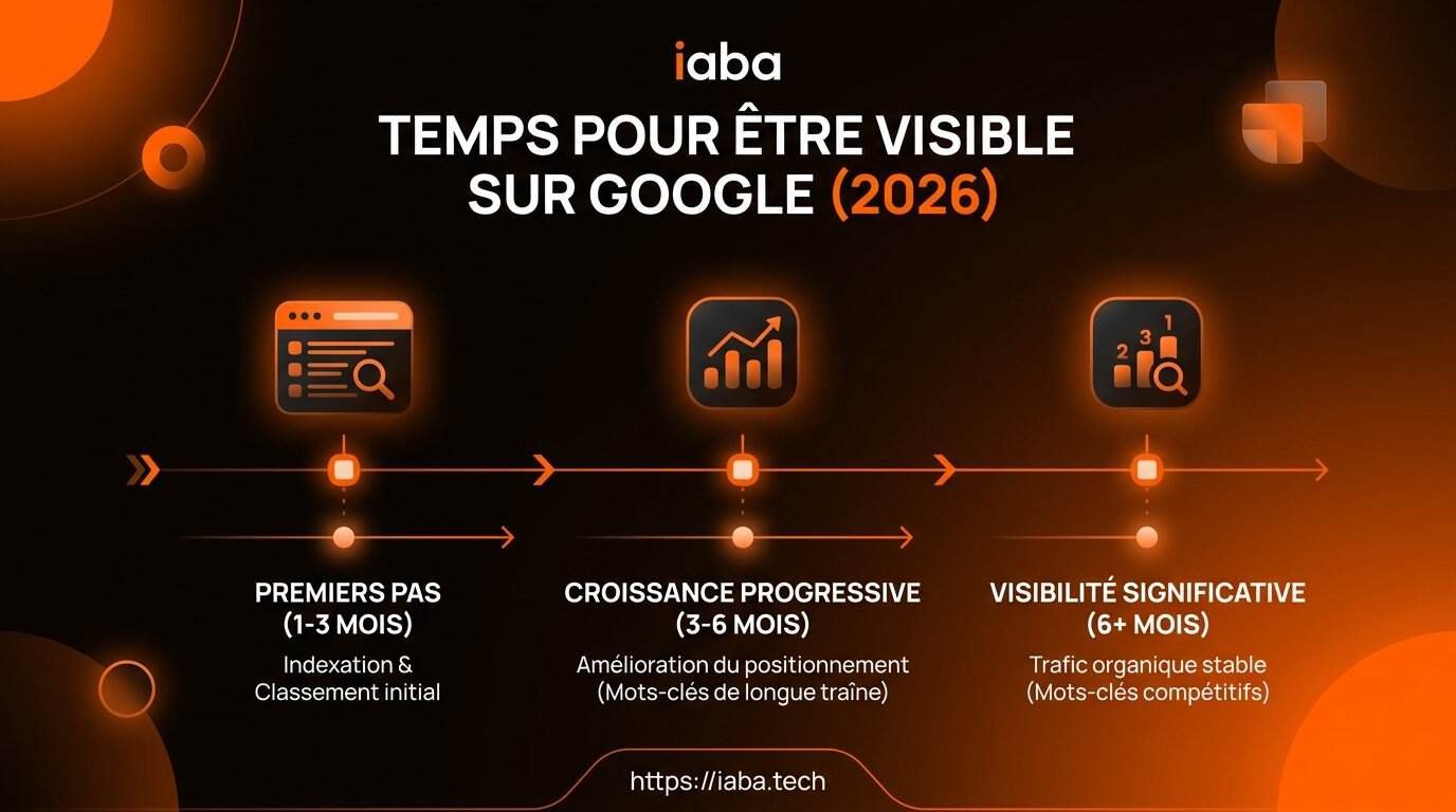 Combien de temps pour être visible sur Google ? 2 Infographie chronologie visibilité SEO 2026 : indexation, sandbox, autorité, pérennisation