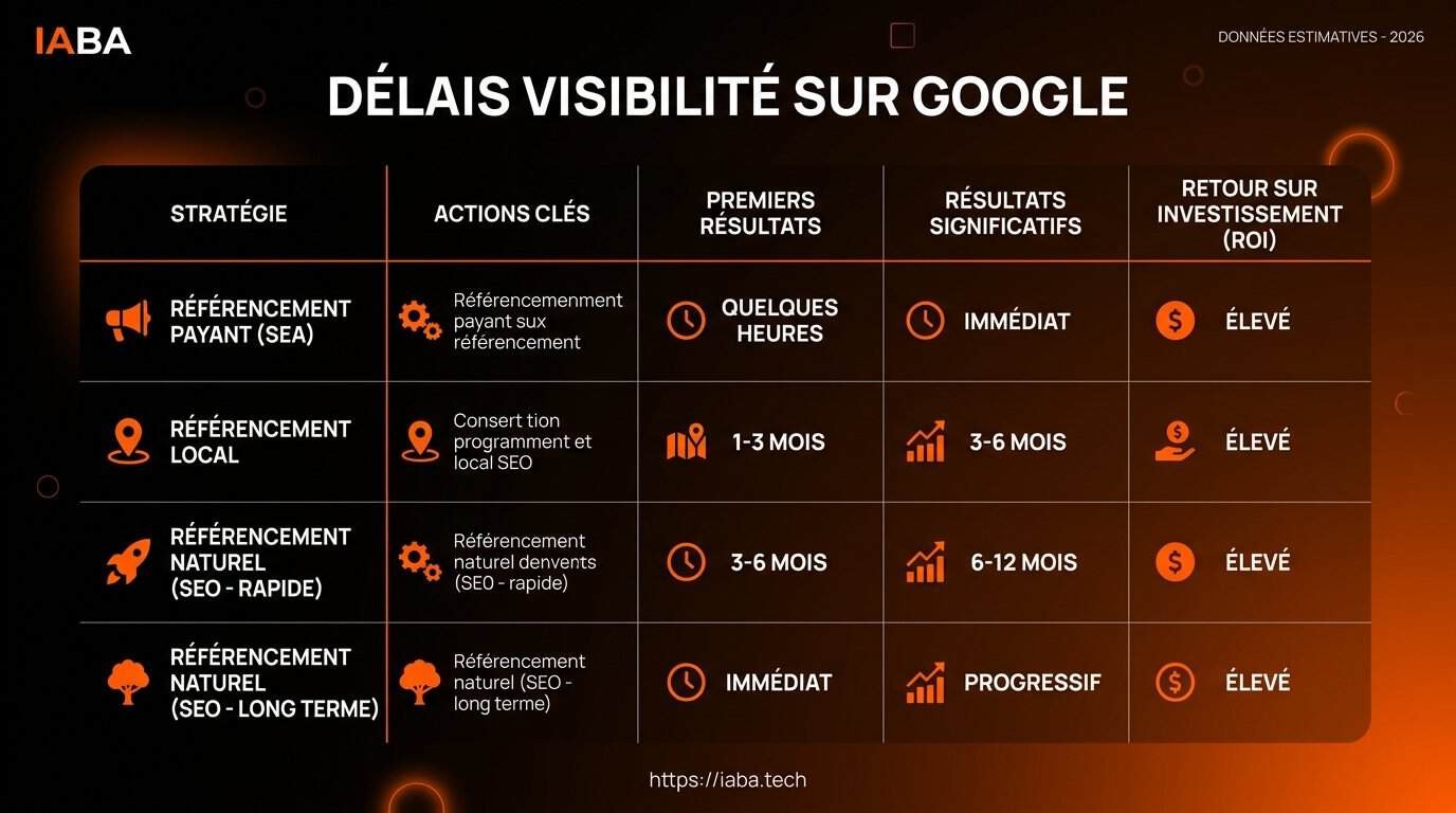Combien de temps pour être visible sur Google ? 4 Tableau comparatif des délais de visibilité Google 2026 selon la stratégie SEO