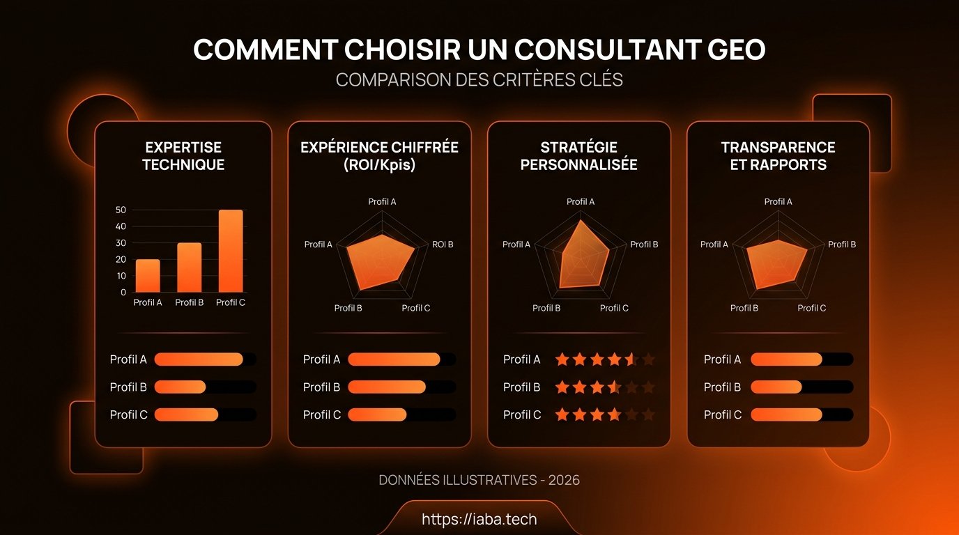 Comment choisir un consultant GEO expert en 2026 ? 3 Graphique : comparaison des poids décisionnels pour choisir un consultant GEO