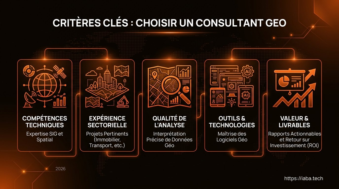 Comment choisir un consultant GEO expert en 2026 ? 2 Infographie : Schéma décisionnel en 5 étapes pour sélectionner un expert en Generative Engine Optimization