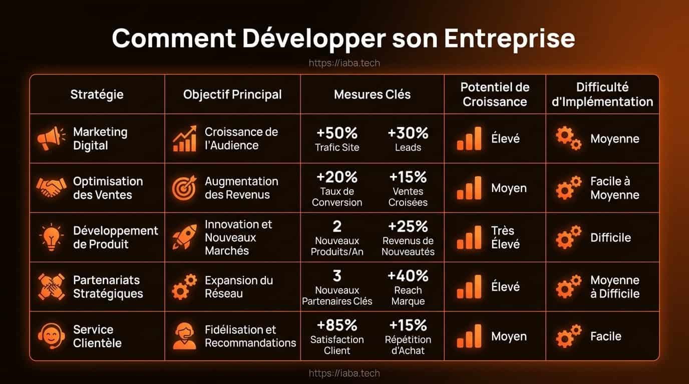 Comment développer son entreprise : les 6 leviers B2B 4 Tableau comparatif des méthodes de développement d'entreprise B2B