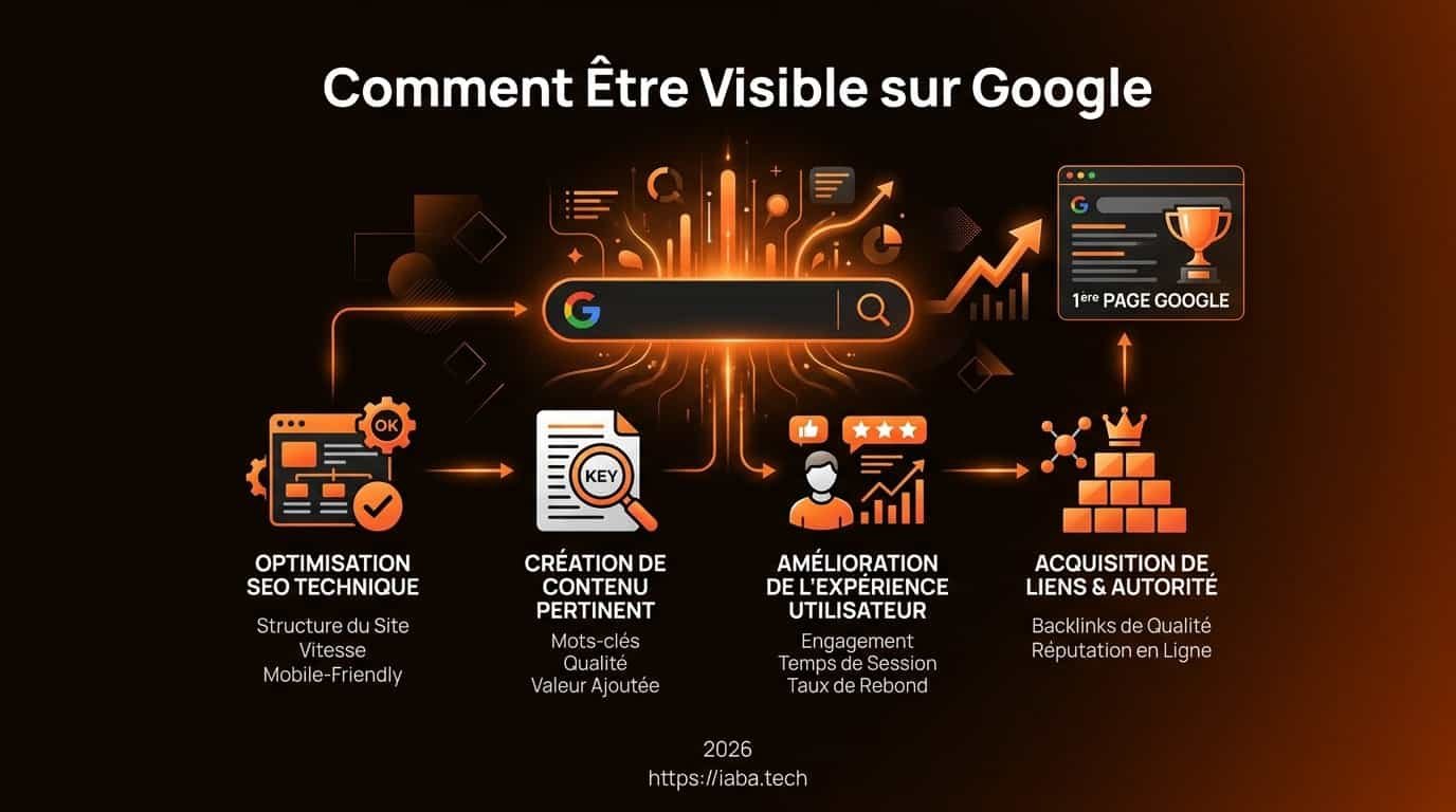 Infographie processus étape par étape pour être visible sur Google 2026