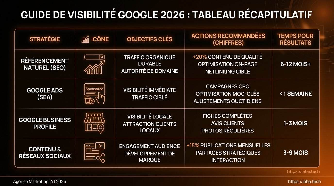 Tableau comparatif des leviers de visibilité Google 2026 SEO SEA AI Overviews