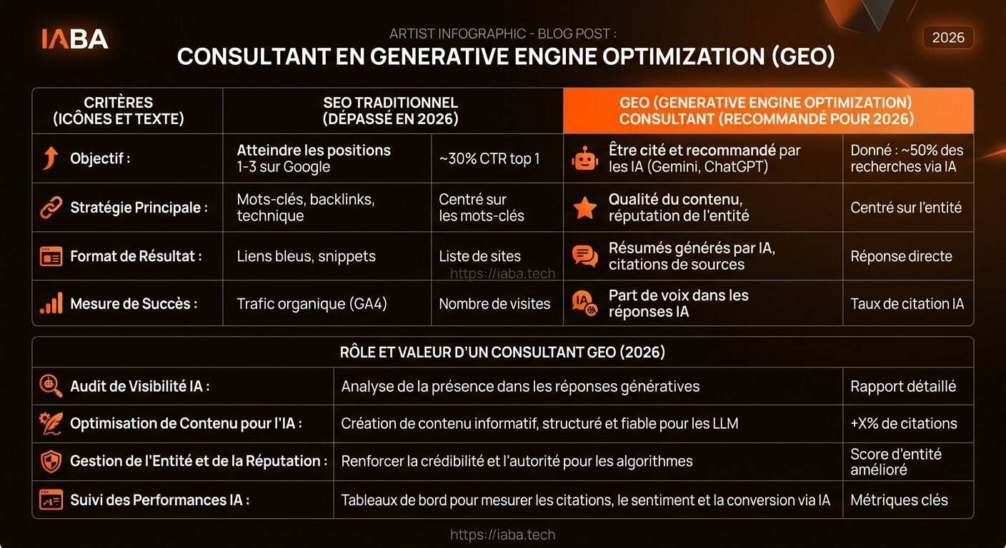 Tableau comparatif des services de consultant Generative Engine Optimization par pilier stratégique