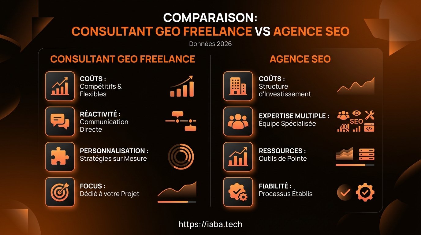 Consultant GEO freelance ou agence : le comparatif 2026 2 Graphique : Comparaison des performances GEO entre freelance et agence spécialisée