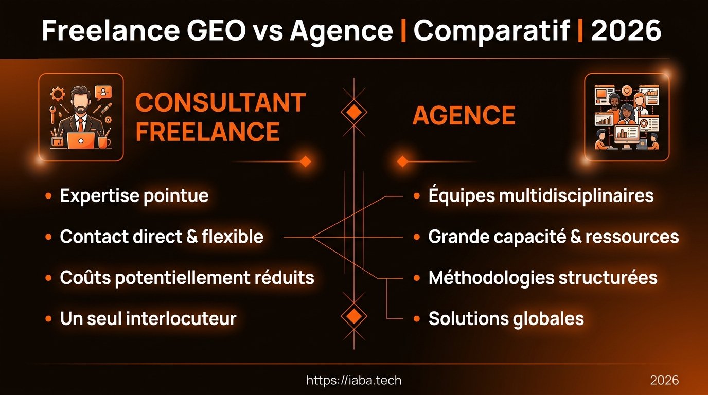 Consultant GEO freelance ou agence : le comparatif 2026 3 Infographie comparative : flexibilité du consultant expert SEO IA indépendant vs scalabilité d'une agence GEO