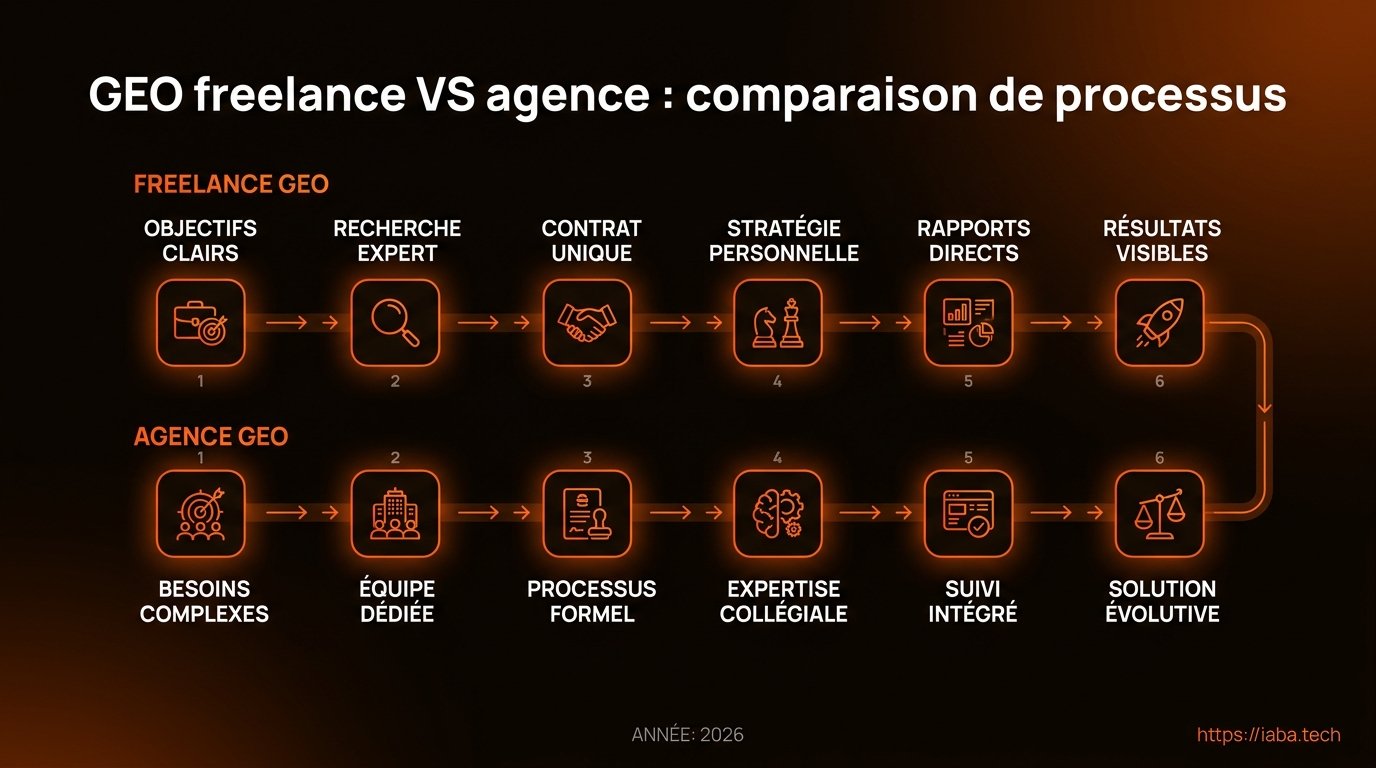 Consultant GEO freelance ou agence : le comparatif 2026 4 Schéma de processus : Évaluation comparative pour choisir le partenaire GEO idéal en 2026