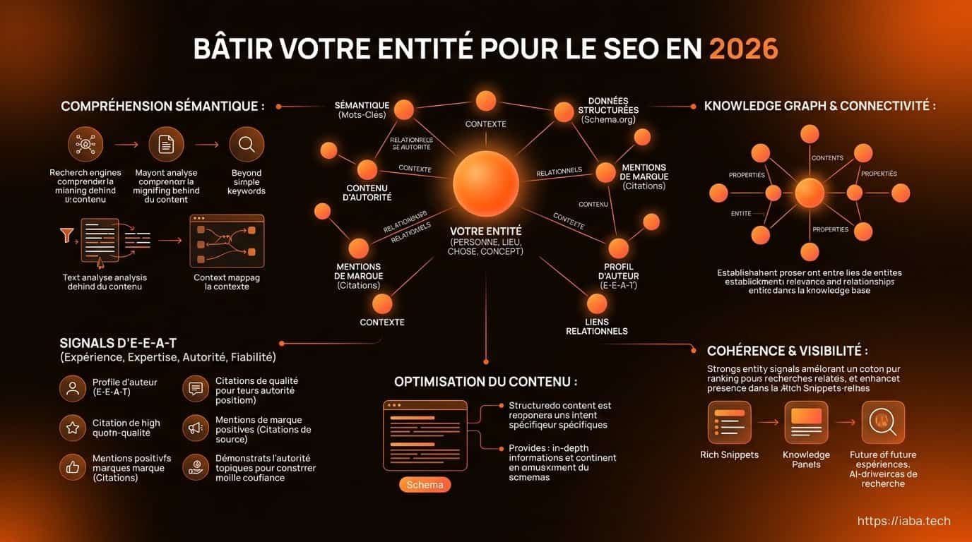 Entity Building 2026 : imposer sa marque aux IA (guide) 2 Infographie entity building : les 5 chantiers pour construire l'entité de marque en SEO 2026