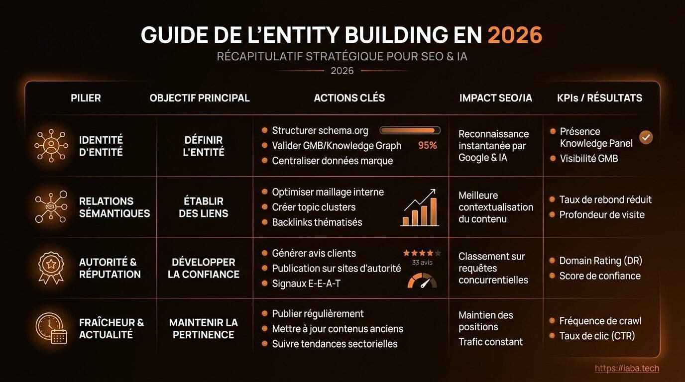 Entity Building 2026 : imposer sa marque aux IA (guide) 4 Tableau comparatif des stratégies d'entity building 2026 pour SEO et GEO