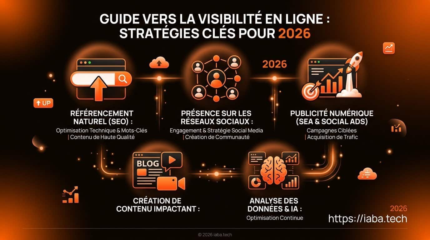 Comment être visible sur internet : le guide pour TPE-PME 2 Infographie des 5 étapes et canaux d'acquisition pour accroître sa visibilité en ligne