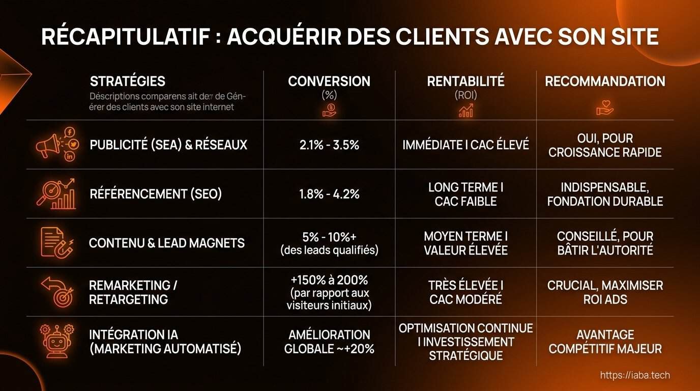 Transformer son Site Internet en Machine à Leads B2B 4 Tableau comparatif des canaux d'acquisition client SEO SEA Social Ads Automation