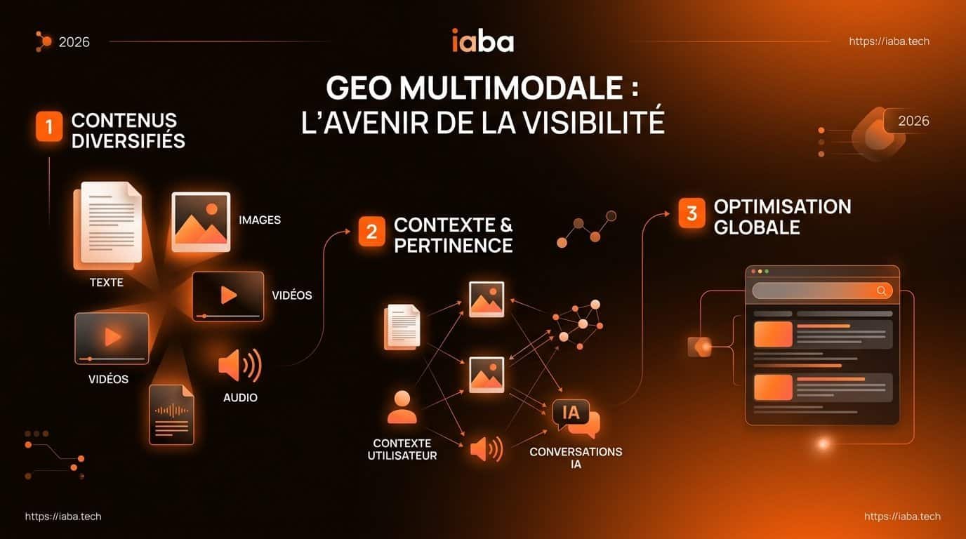 Infographie GEO multimodal 2026 : convergence des données textuelles, visuelles et audio