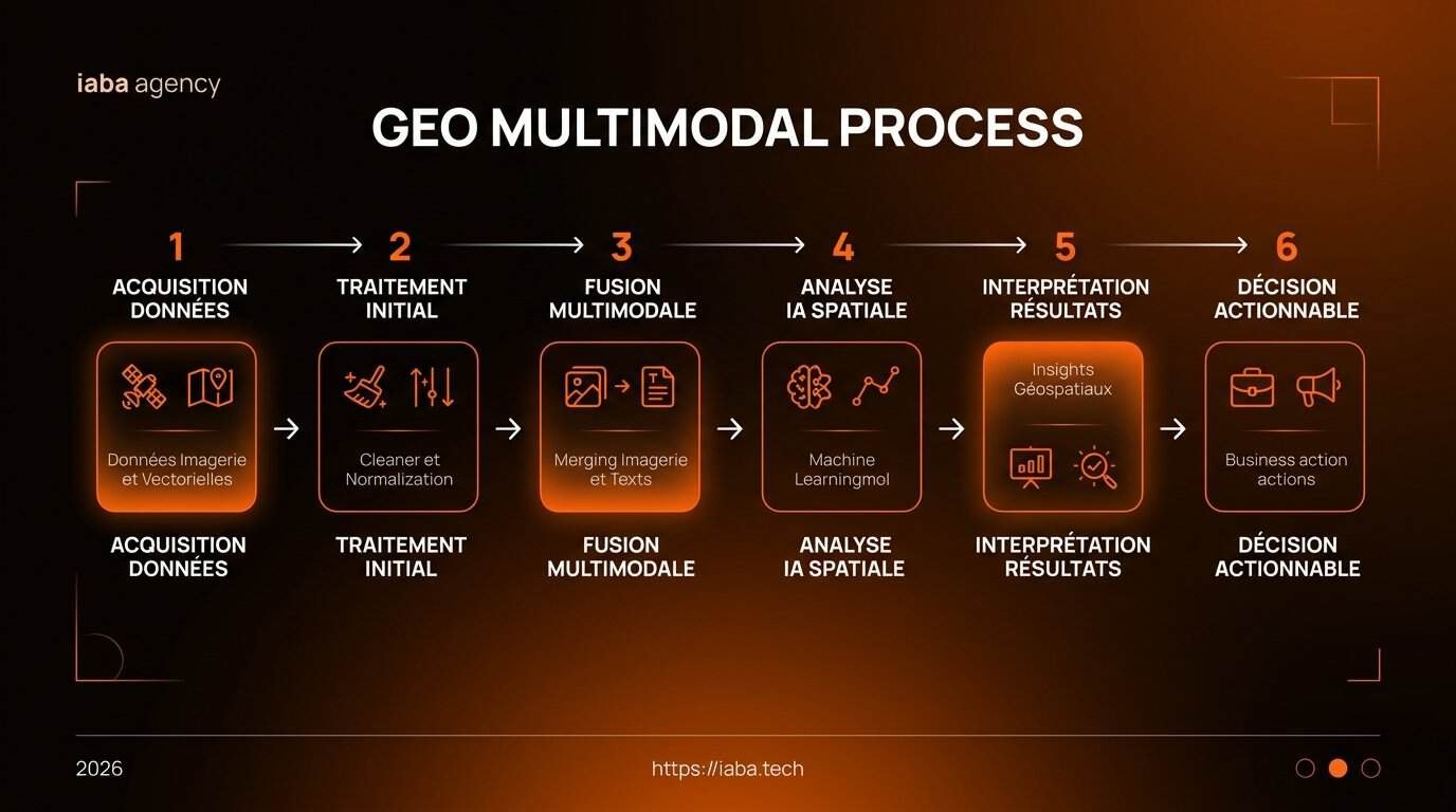 Schéma des 5 étapes de déploiement GEO multimodal en 2026
