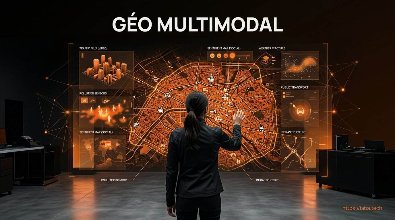 Schéma d'un système GEO multimodal intégrant sources textuelles, visuelles et audio