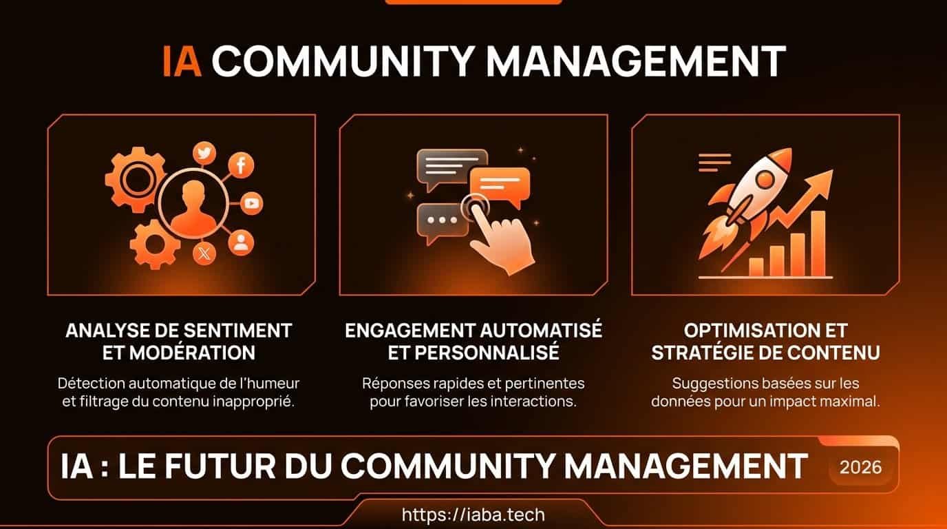 Infographie du workflow de community management assisté par IA en 2026