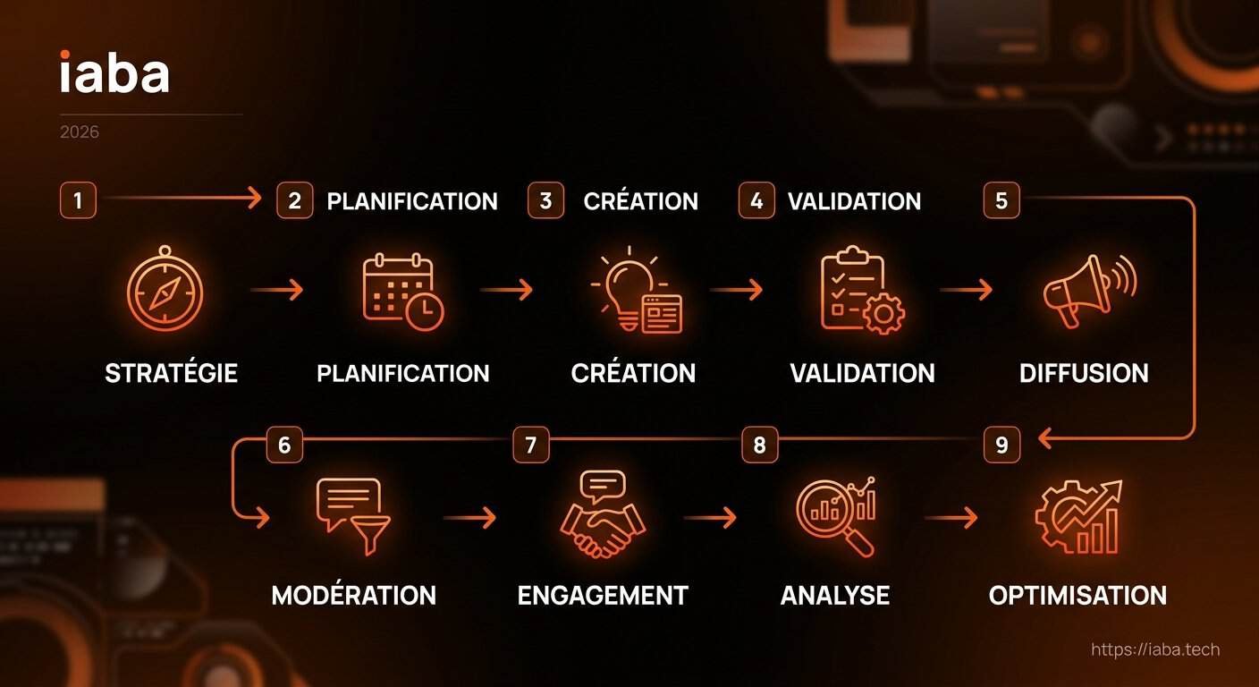 Schéma processus automatisation community management IA veille génération programmation