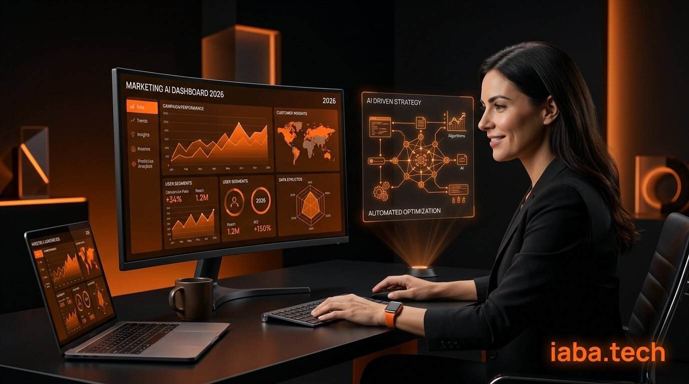 Tableau de bord marketing piloté par intelligence artificielle avec graphiques de performance
