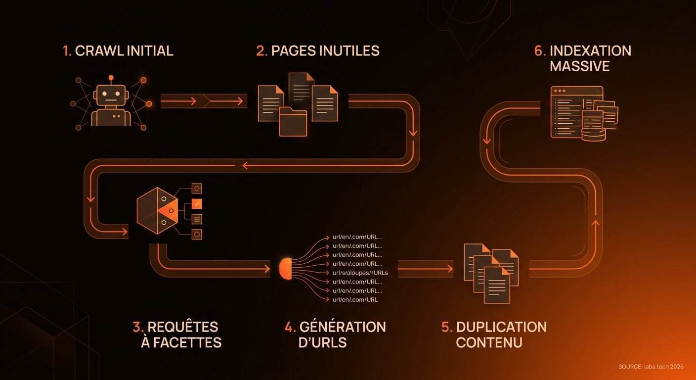 Index bloat : nettoyer ce que Google indexe (et pourquoi ça dilue votre site) 4 Schéma de processus : diagnostic du crawl, purge des paramètres, configuration robots.txt et canonical