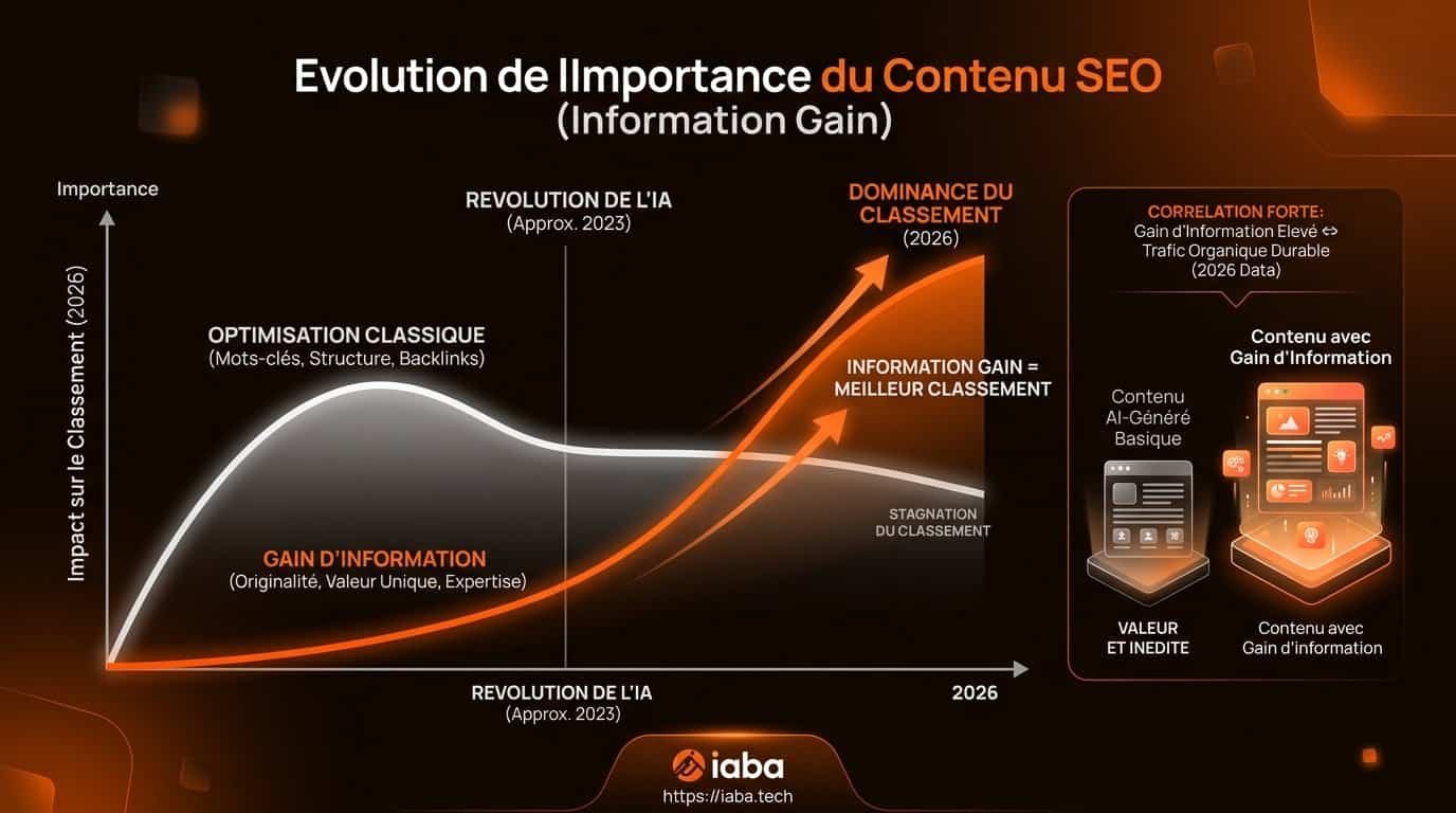 Information Gain SEO 2026 : produire l'inédit pour l'IA 4 Graphique : Corrélation entre l'indice d'information gain et le positionnement organique sur les SERP