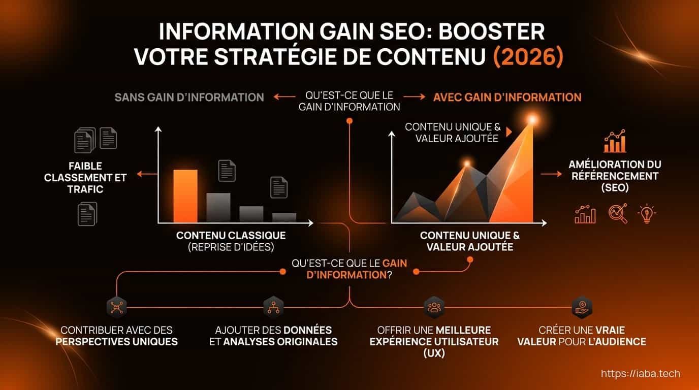 Information Gain SEO 2026 : produire l'inédit pour l'IA 2 Infographie : schéma explicatif du concept d'Information Gain en SEO 2026, illustrant les 4 étapes pour transformer un contenu standard en expertise unique