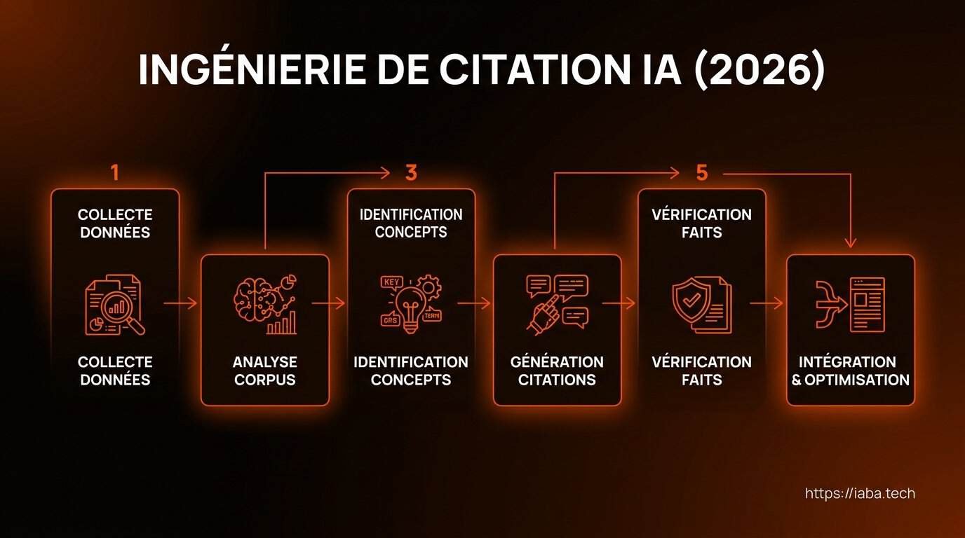 Ingénierie de citation IA : Comment devenir une source LLM 2026 4 Schéma des étapes de l'ingénierie de citation IA : analyse sémantique, sélection des données, prompt structuré, vérification factuelle