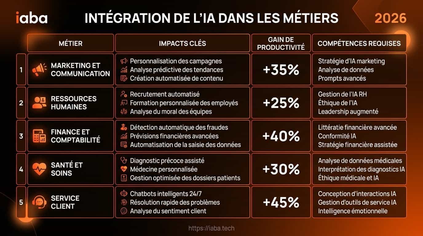 Comparatif de l'intégration de l'IA par métier en 2026