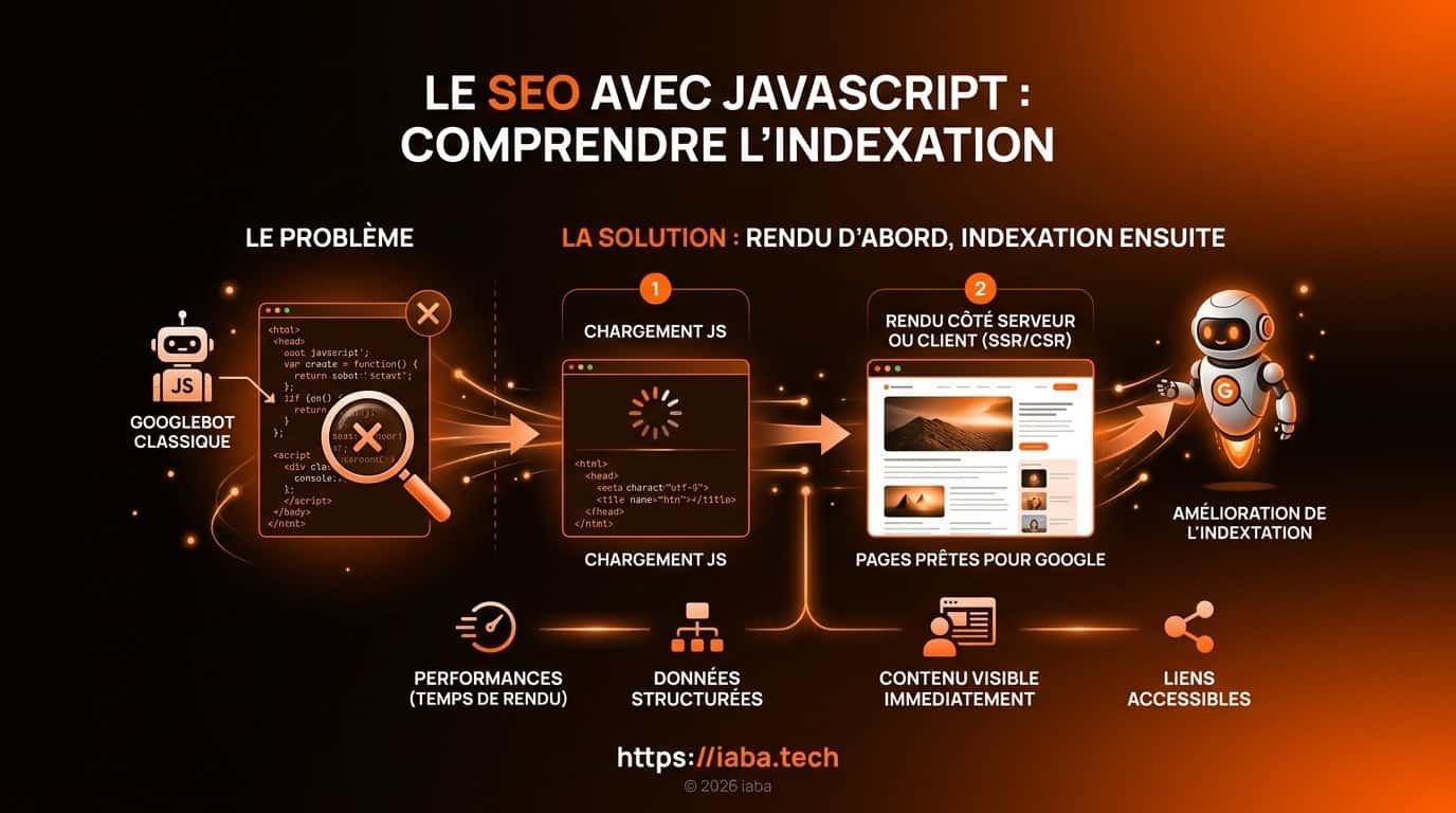 JavaScript SEO : rendu, indexation, SSR vs CSR 2 Infographie du cycle de rendu JavaScript SEO 2026 : crawl, indexation, rendu client vs serveur