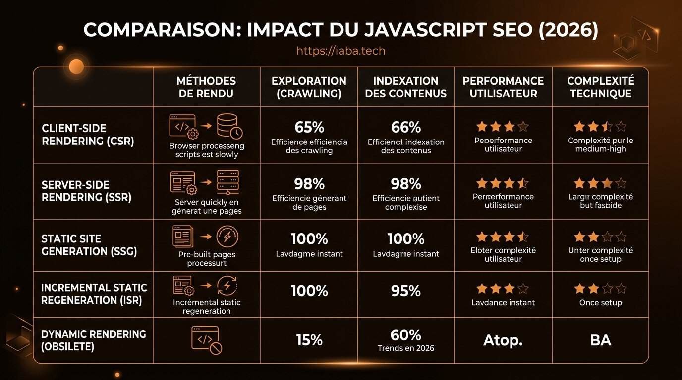 JavaScript SEO : rendu, indexation, SSR vs CSR 4 Tableau comparatif SSR CSR SSG ISR JavaScript SEO crawl budget indexabilité