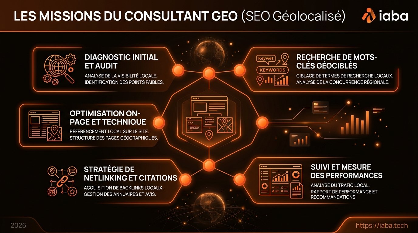 Infographie missions consultant GEO 2026 : audit, sémantique, JSON-LD, monitoring