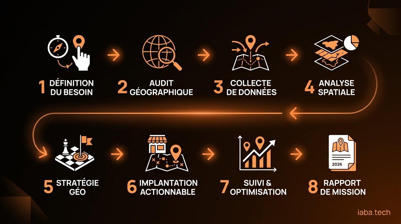 Schéma processus missions consultant GEO 2026 : de l'audit à l'implémentation LLM