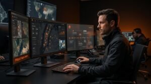 Consultant SEO analysant des données de performance sur un écran d'ordinateur