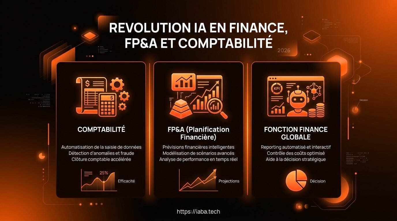 Infographie : outils IA finance FP&A comptabilité, workflow en 5 étapes