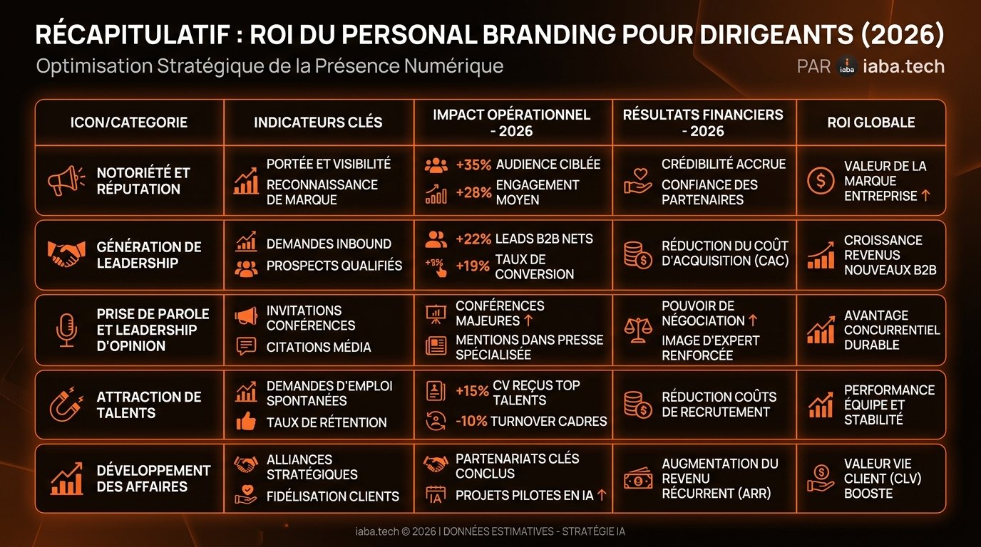 Tableau ROI personal branding dirigeant 2026 : stratégies LinkedIn conférences contenu propre