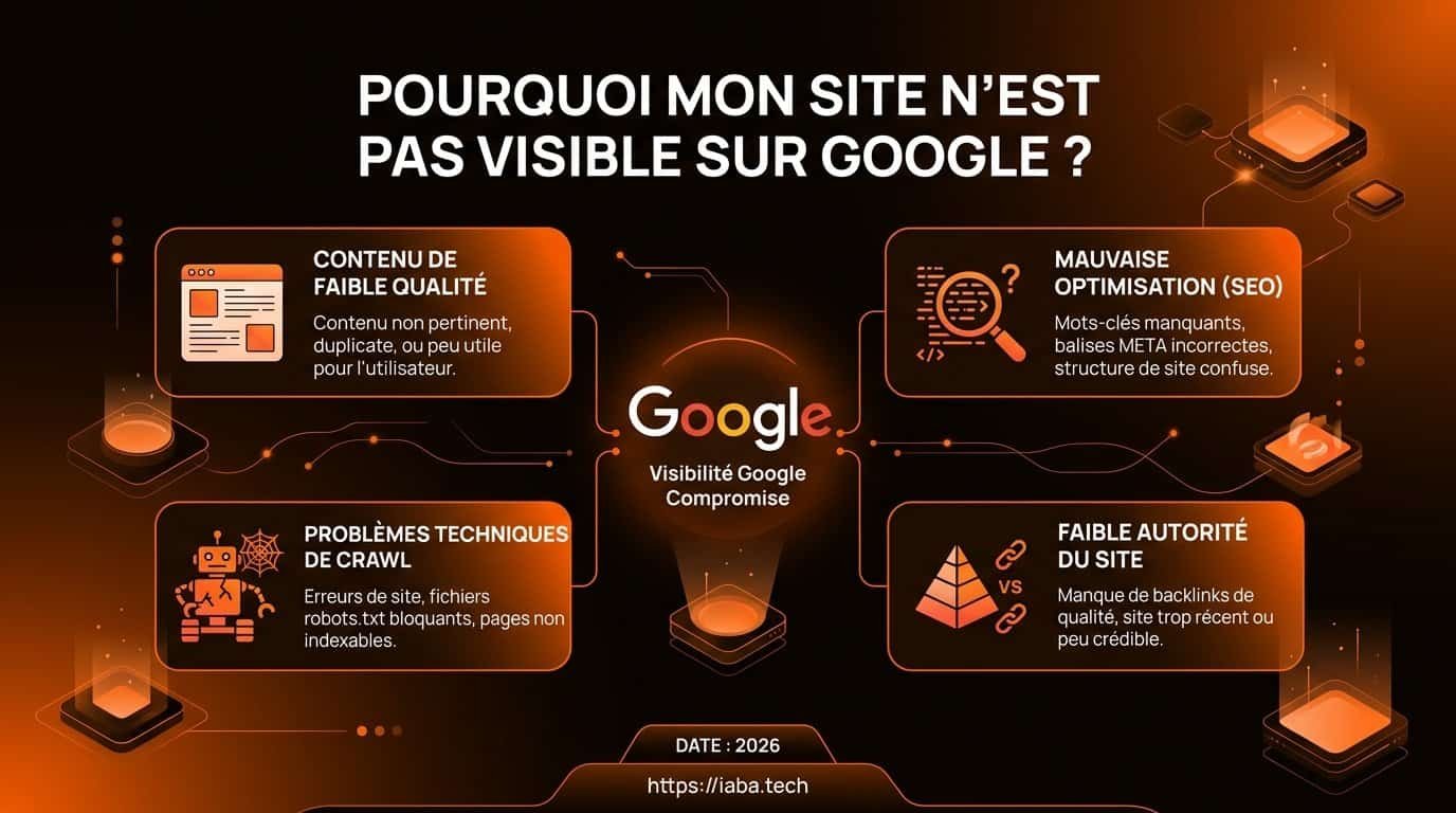 Pourquoi mon site n'apparaît pas sur Google ? 10 causes 2 Infographie de diagnostic en 5 étapes pour un site invisible sur Google