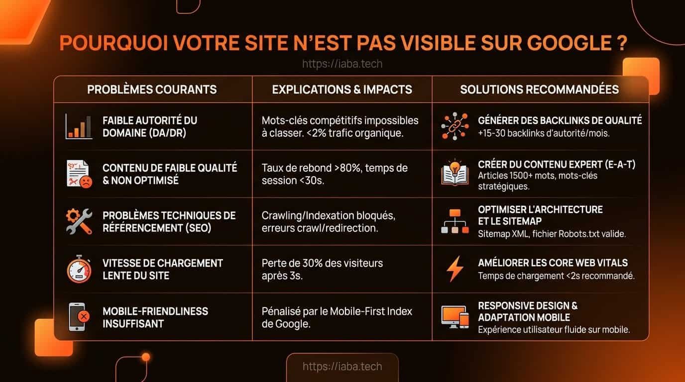 Pourquoi mon site n'apparaît pas sur Google ? 10 causes 4 Tableau des causes de non-indexation SEO par pilier : technique, contenu, pénalités