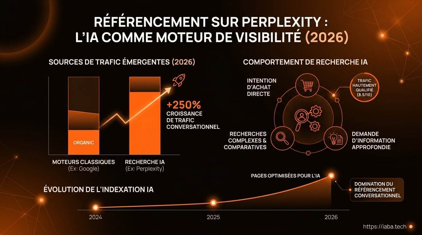 Référencement Perplexity : devenir une source citée en 2026 3 Évolution du trafic Perplexity versus moteurs traditionnels sur 12 mois