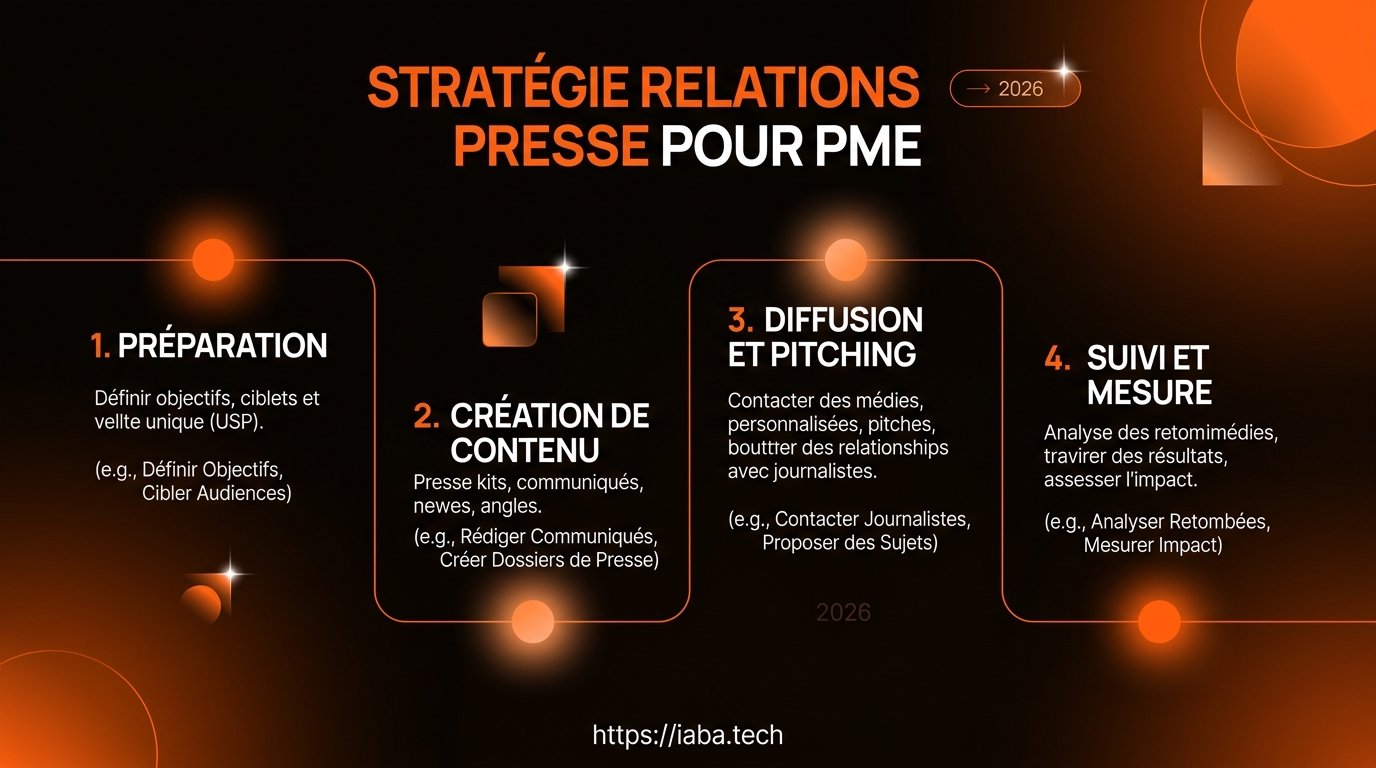 Infographie : processus de relations presse pour PME, du ciblage média à la mesure du ROI