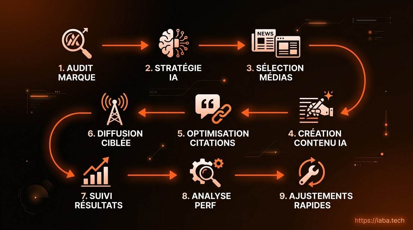 RP Digitales & Citations IA : la méthode 2026 5 Schéma des étapes RP digitales pour obtenir des citations IA en 2026